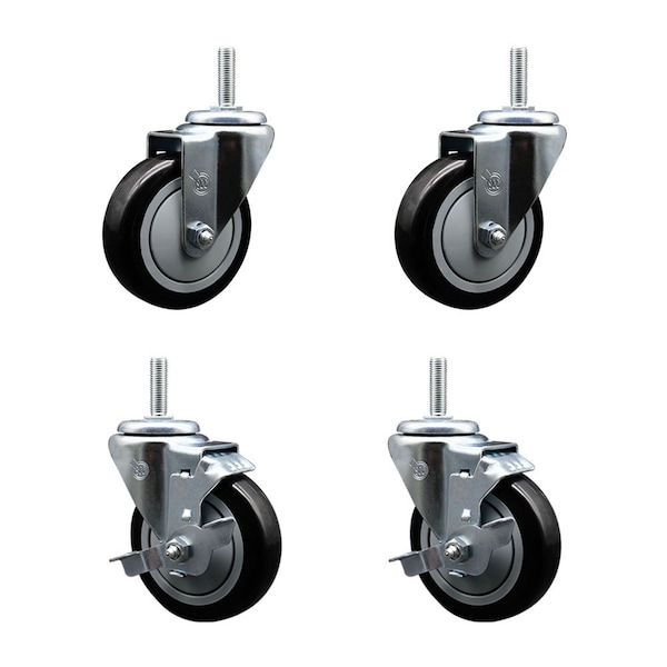 Service Caster 4 Inch Black Polyurethane Wheel Swivel 58 Inch Threaded Stem Caster Set 2 Brakes SCC SCC-TS20S414-PPUB-BLK-58212-2-TLB-2 - main